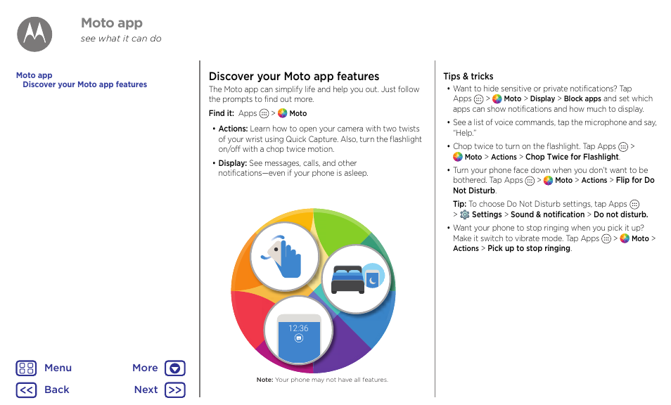 Moto app, Next, Discover your moto app features | Motorola Moto G4 Plus User Manual | Page 13 / 54