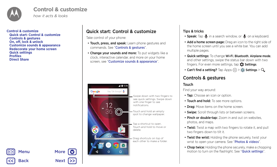 Control & customize, Controls & gestures, Next | Quick start: control & customize | Motorola Moto G4 Plus User Manual | Page 14 / 54