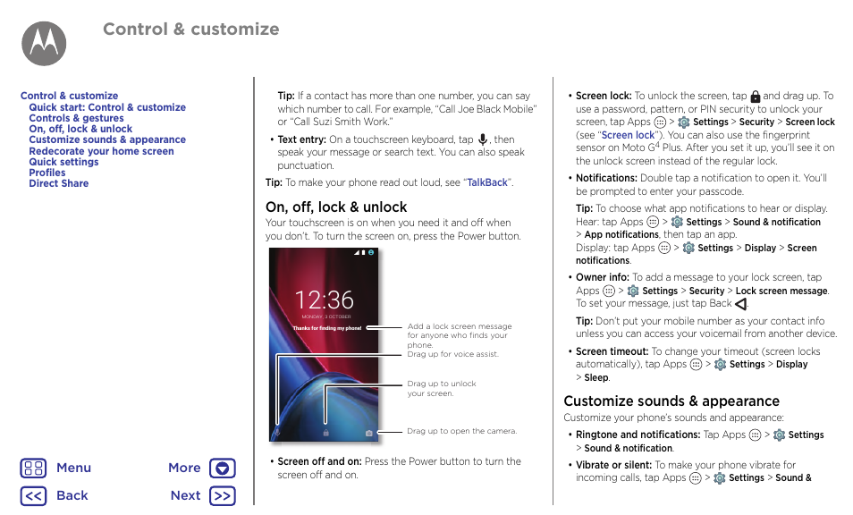 Customize sounds & appearance, Next, Control & customize | On, off, lock & unlock | Motorola Moto G4 Plus User Manual | Page 16 / 54