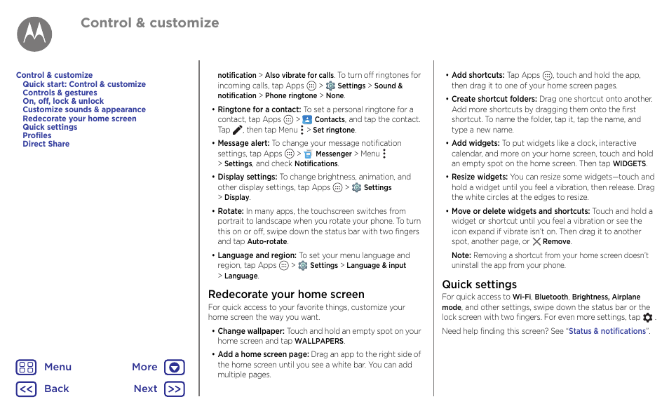 Quick settings, Redecorate your, Home screen | Redecorate your home screen, Redecorate your home screen quick settings, Next, Control & customize | Motorola Moto G4 Plus User Manual | Page 17 / 54