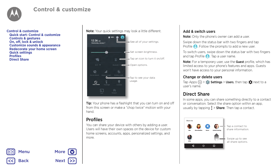 Profiles direct share, Next, Control & customize | Profiles, Direct share, Back next menu more, Add & switch users, Change or delete users | Motorola Moto G4 Plus User Manual | Page 18 / 54