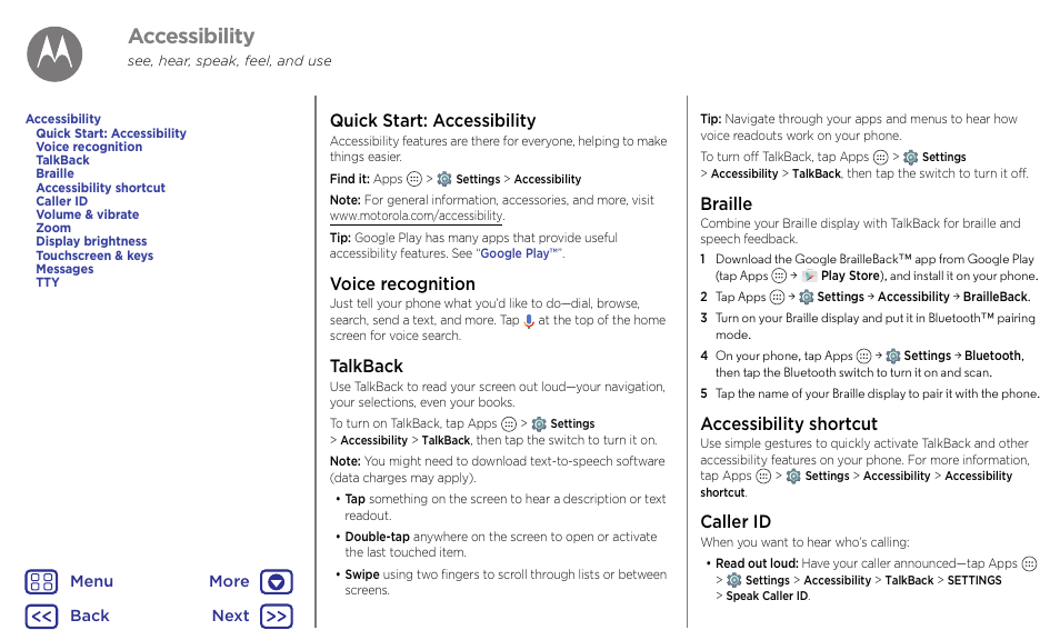 Accessibility, Talkback, Next | Quick start: accessibility, Voice recognition, Braille, Accessibility shortcut, Caller id | Motorola Moto G4 Plus User Manual | Page 19 / 54