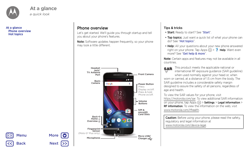 At a glance, Safety, Phone overview | Back next menu more | Motorola Moto G4 Plus User Manual | Page 2 / 54