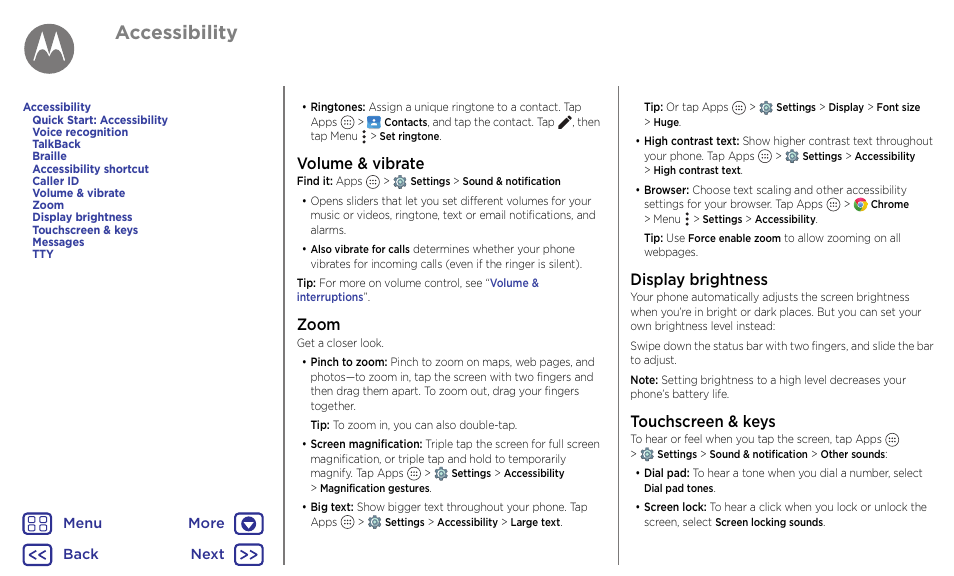 Next, Accessibility, Volume & vibrate | Zoom, Display brightness, Touchscreen & keys | Motorola Moto G4 Plus User Manual | Page 20 / 54