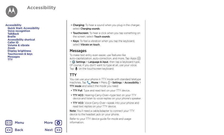 Messages tty, Next, Accessibility | Messages | Motorola Moto G4 Plus User Manual | Page 21 / 54