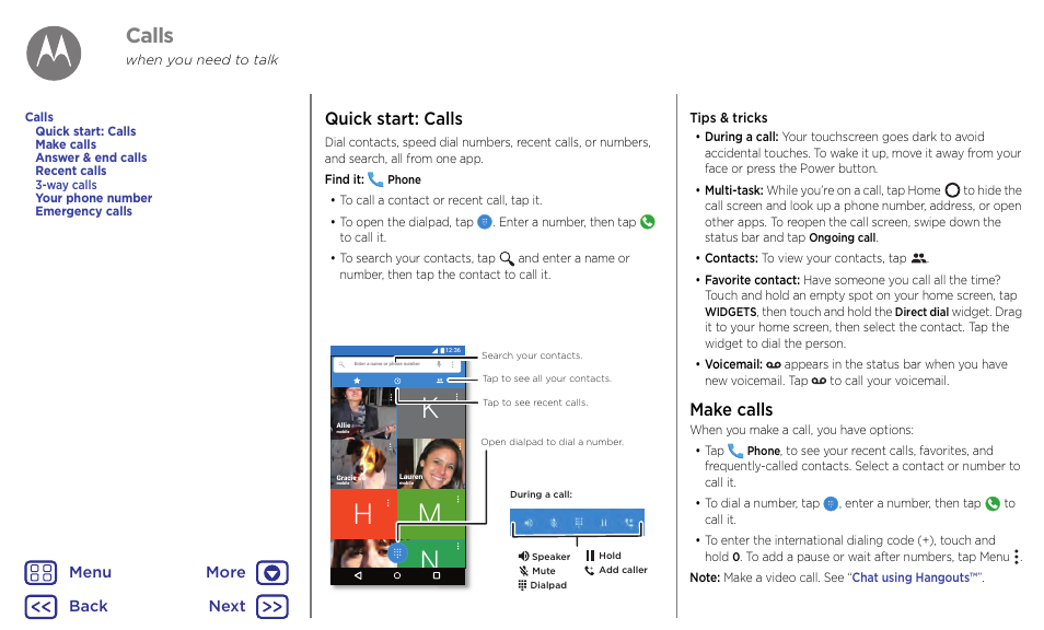 Calls, Next, Km h n | Quick start: calls, Make calls | Motorola Moto G4 Plus User Manual | Page 22 / 54