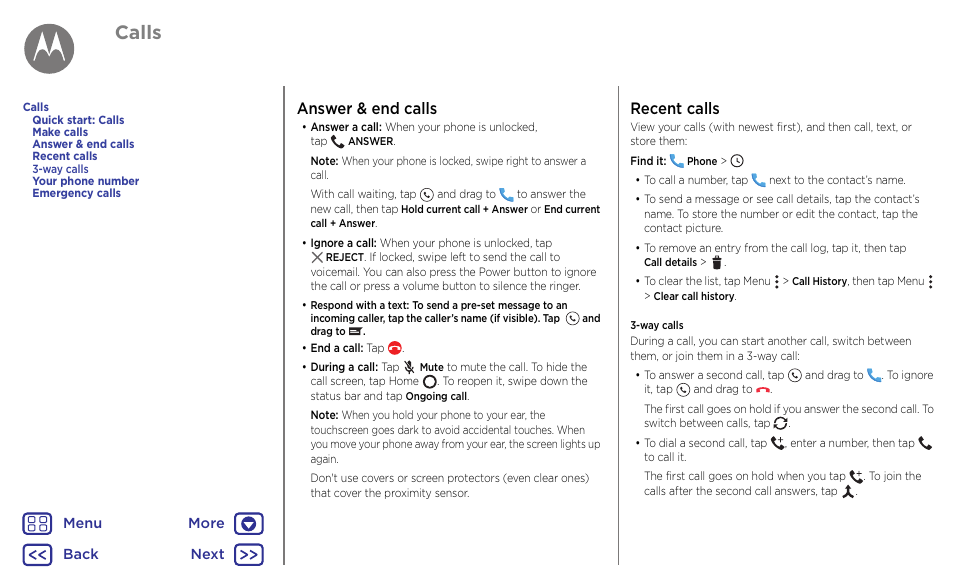 Next, Answer & end calls recent calls 3-way calls, Calls | Answer & end calls, Recent calls | Motorola Moto G4 Plus User Manual | Page 23 / 54