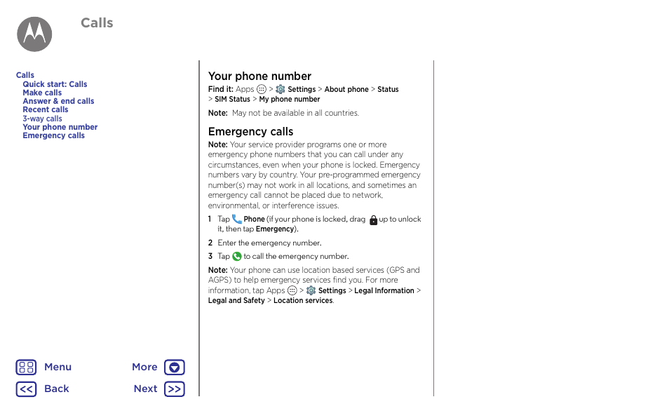 Your phone number emergency calls, Next, Calls | Your phone number, Emergency calls | Motorola Moto G4 Plus User Manual | Page 24 / 54