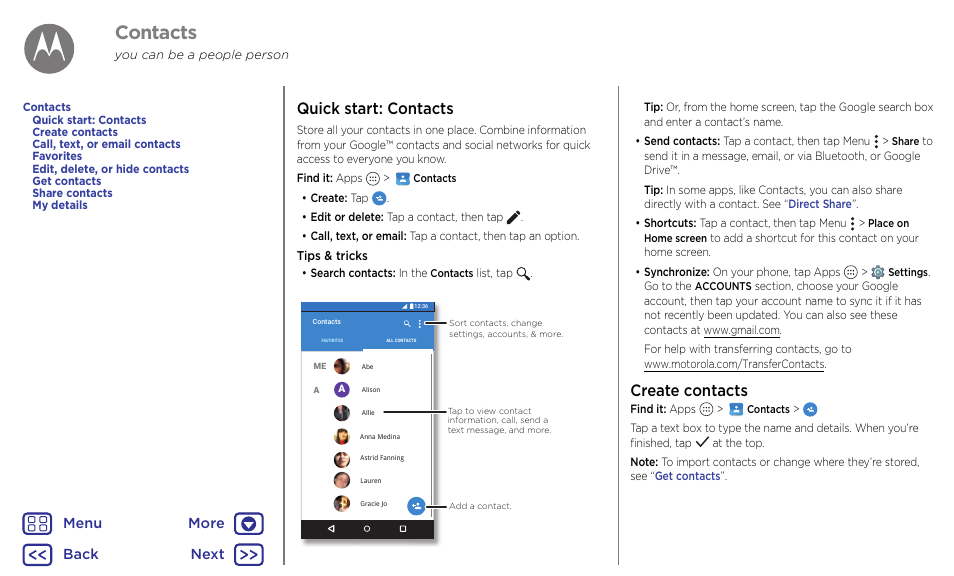 Contacts, Next, Quick start: contacts | Create contacts, Back next menu more | Motorola Moto G4 Plus User Manual | Page 25 / 54