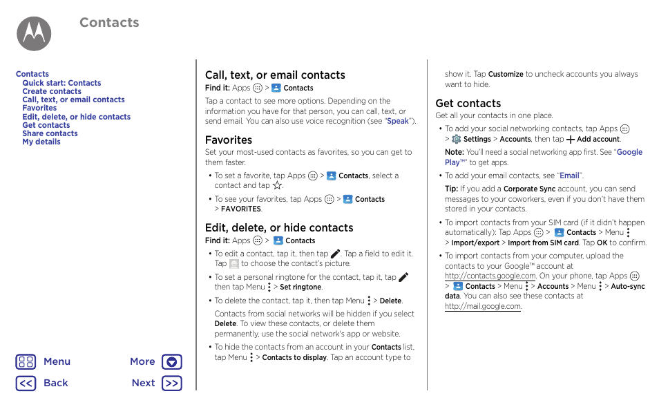 Next, Get contacts, Contacts | Call, text, or email contacts, Favorites, Edit, delete, or hide contacts | Motorola Moto G4 Plus User Manual | Page 26 / 54