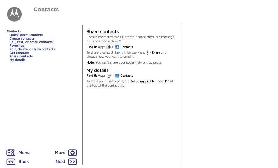 Share contacts my details, Next, Contacts | Share contacts, My details | Motorola Moto G4 Plus User Manual | Page 27 / 54