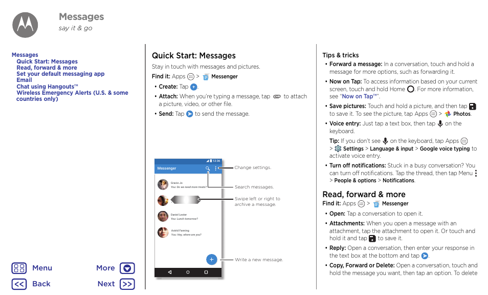 Messages, Next, Quick start: messages | Read, forward & more, Back next menu more | Motorola Moto G4 Plus User Manual | Page 28 / 54