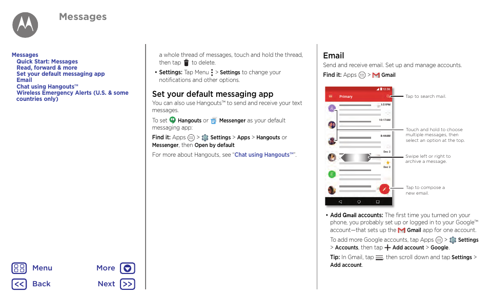 Email, Next, Set your default messaging app email | Messages, Set your default messaging app, Back next menu more | Motorola Moto G4 Plus User Manual | Page 29 / 54