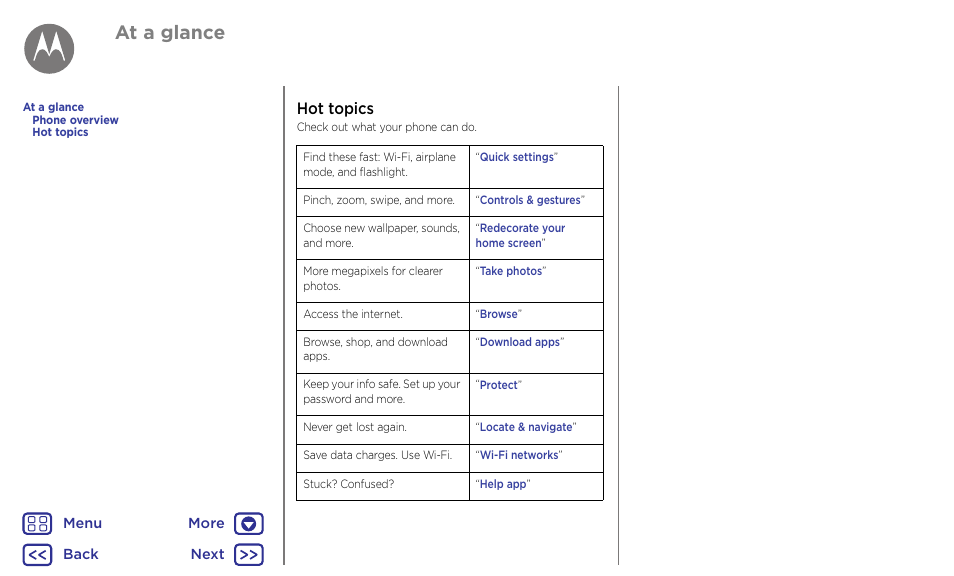 Hot topics, Next, At a glance | Motorola Moto G4 Plus User Manual | Page 3 / 54