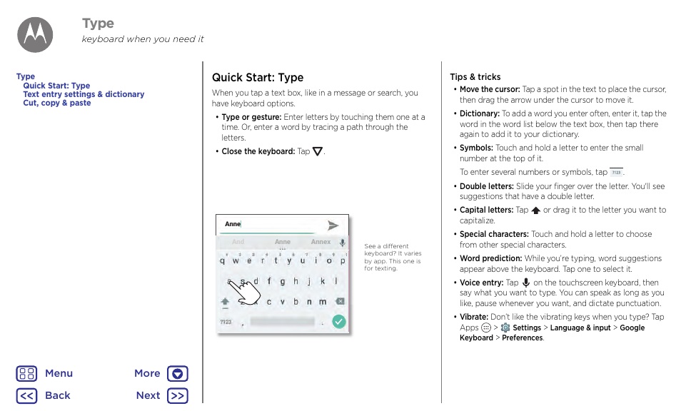 Type, Next, Quick start: type | Motorola Moto G4 Plus User Manual | Page 31 / 54