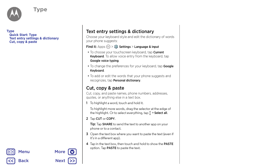 Next, Text entry settings & dictionary cut, copy & paste, Type | Text entry settings & dictionary, Cut, copy & paste | Motorola Moto G4 Plus User Manual | Page 32 / 54