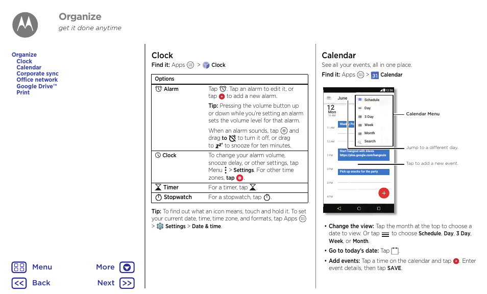 Organize, Next, Clock | Calendar, Back next menu more | Motorola Moto G4 Plus User Manual | Page 33 / 54