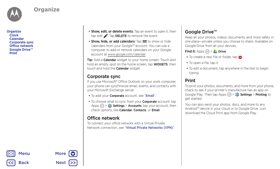 Next, Corporate sync office network google drive™ print, Organize | Corporate sync, Office network, Google drive, Print | Motorola Moto G4 Plus User Manual | Page 34 / 54