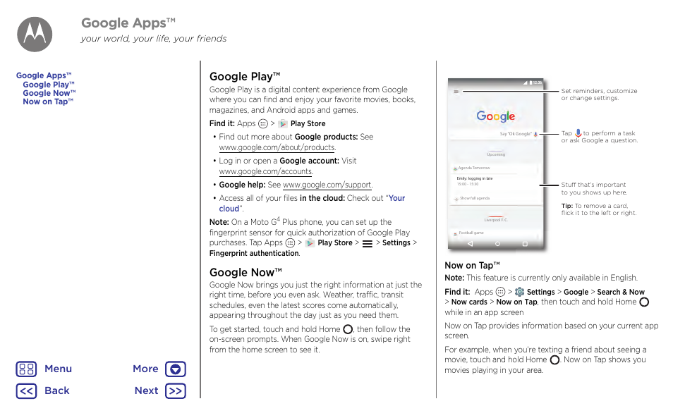 Google apps, Google now, Google | Play, Now on tap, Next, Google play, Back next menu more | Motorola Moto G4 Plus User Manual | Page 35 / 54