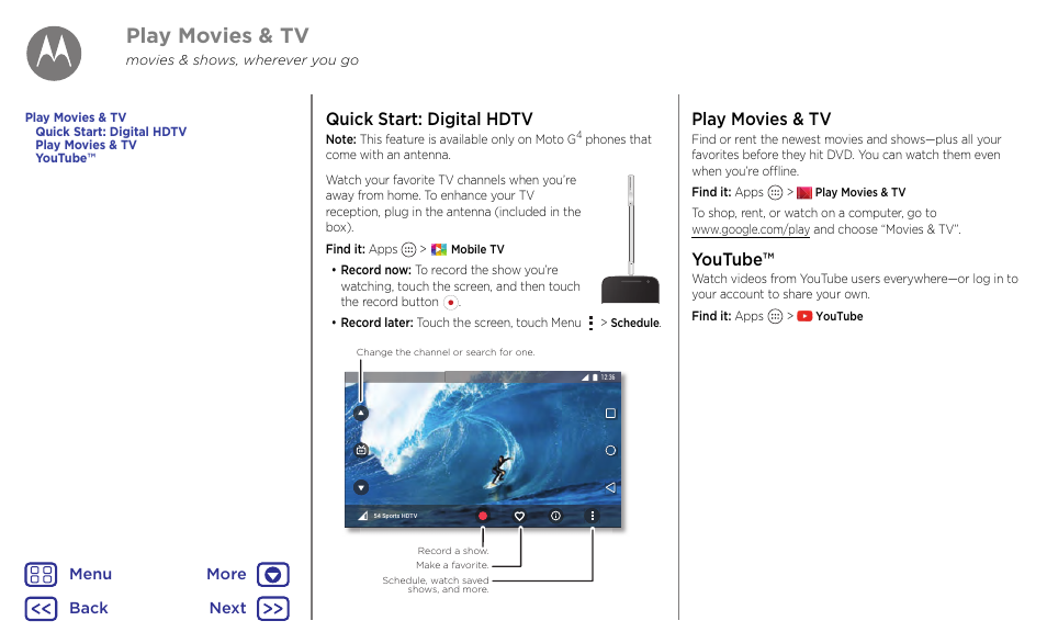 Next, Play movies & tv, Quick start: digital hdtv | Youtube | Motorola Moto G4 Plus User Manual | Page 36 / 54