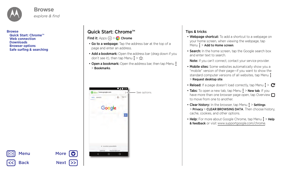 Browse, Next, Quick start: chrome | Back next menu more | Motorola Moto G4 Plus User Manual | Page 37 / 54