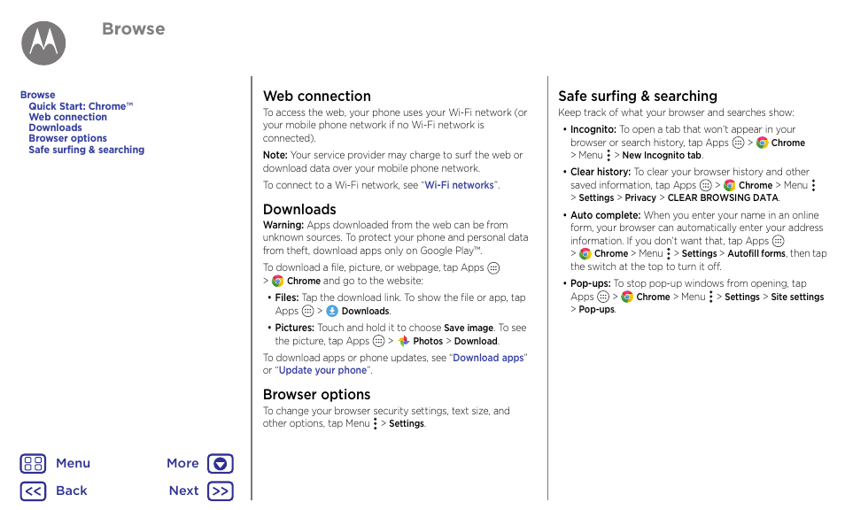 Downloads, Next, Browse | Web connection, Browser options, Safe surfing & searching | Motorola Moto G4 Plus User Manual | Page 38 / 54