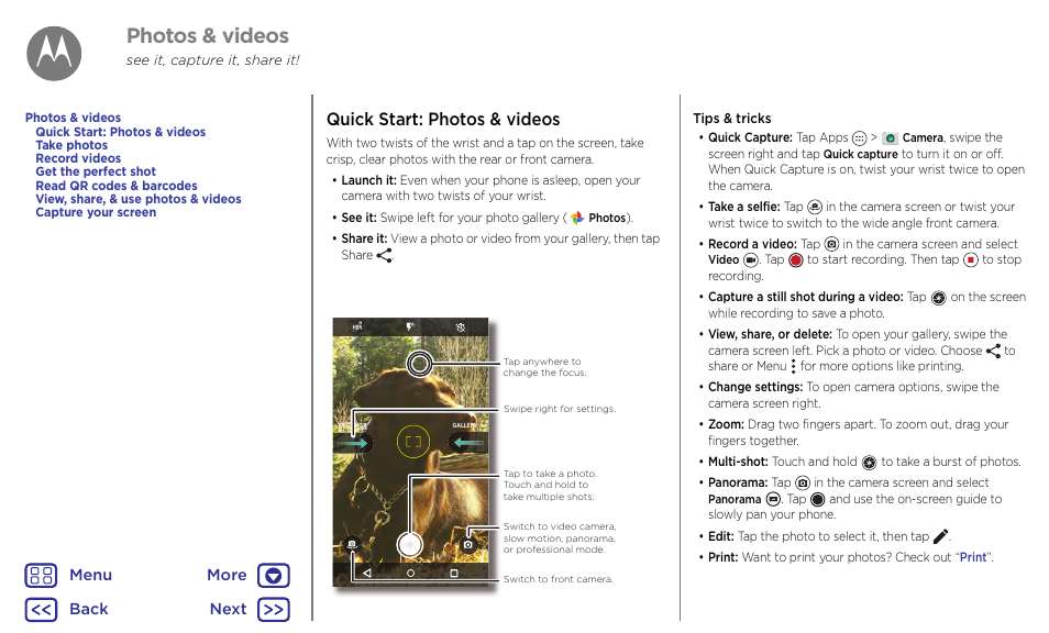 Photos & videos, Next, Quick start: photos & videos | Motorola Moto G4 Plus User Manual | Page 39 / 54