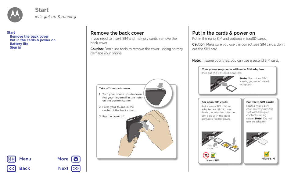 Start, Next, Remove the back cover | Put in the cards & power on, Back next menu more | Motorola Moto G4 Plus User Manual | Page 4 / 54