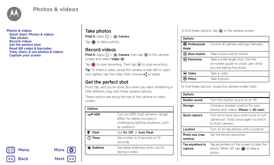 Take photos, Next, Take photos record videos get the perfect shot | Photos & videos, Record videos, Get the perfect shot | Motorola Moto G4 Plus User Manual | Page 40 / 54