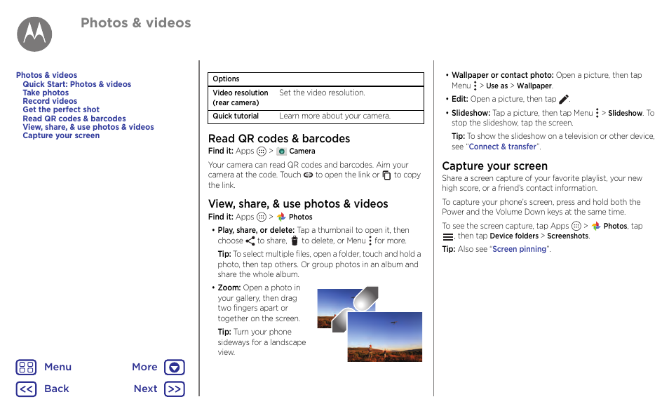 Next, Photos & videos, Read qr codes & barcodes | View, share, & use photos & videos, Capture your screen | Motorola Moto G4 Plus User Manual | Page 41 / 54