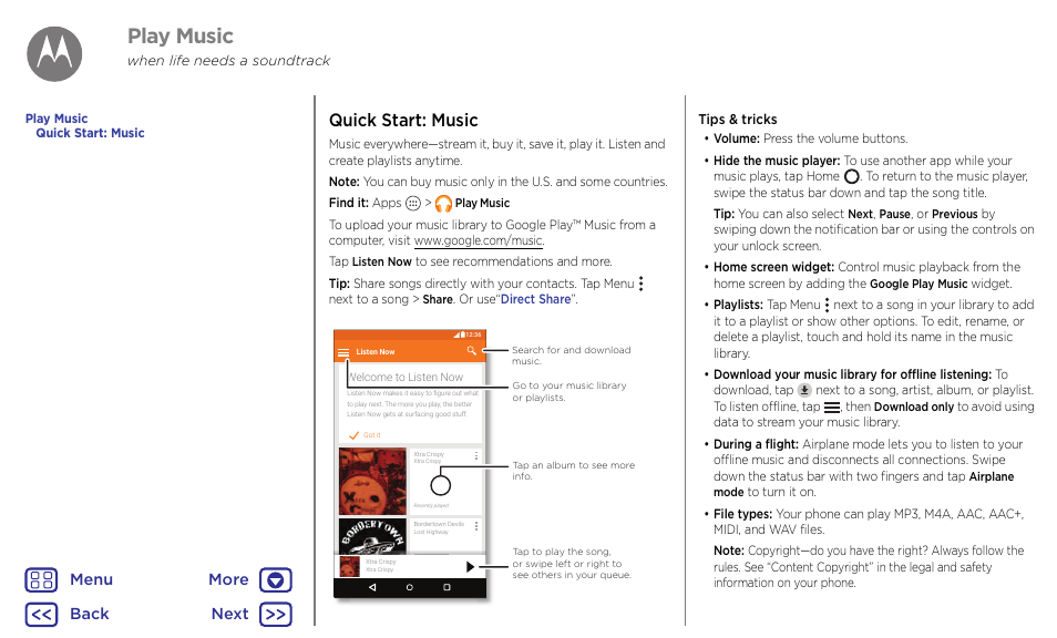 Music, Play music, Next | Quick start: music, Back next menu more | Motorola Moto G4 Plus User Manual | Page 42 / 54