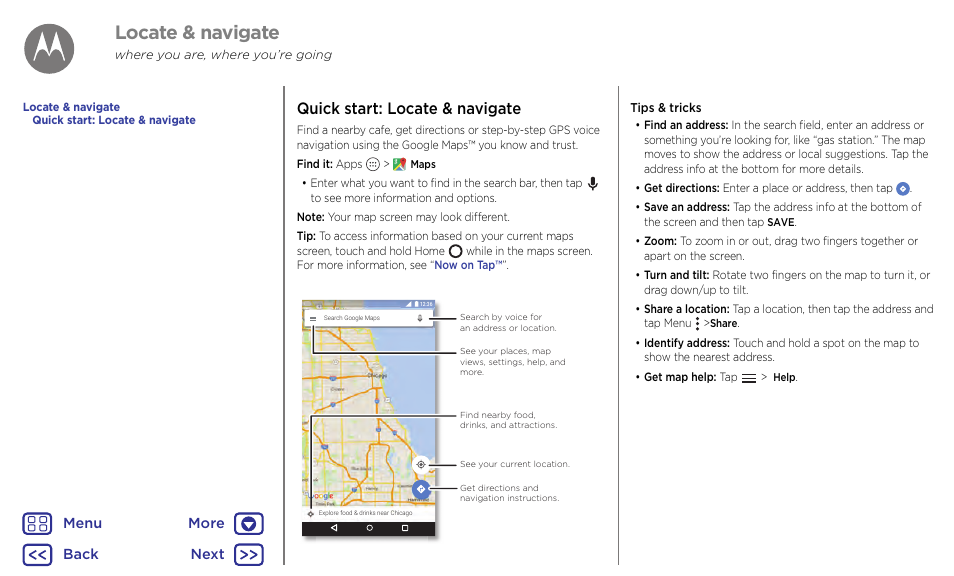 Locate & navigate, Next, Quick start: locate & navigate | Motorola Moto G4 Plus User Manual | Page 43 / 54