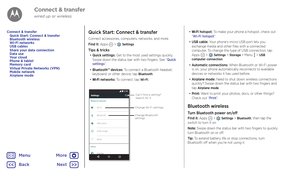 Connect & transfer, Next, Quick start: connect & transfer | Bluetooth wireless, Back next menu more | Motorola Moto G4 Plus User Manual | Page 44 / 54