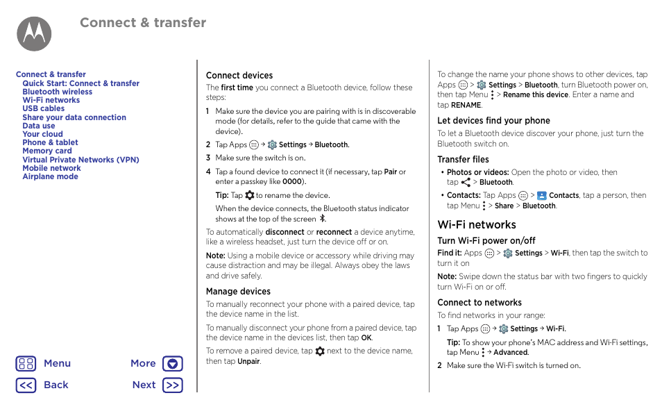 Wi-fi networks, Wi-fi, Networks | Next, Connect & transfer | Motorola Moto G4 Plus User Manual | Page 45 / 54