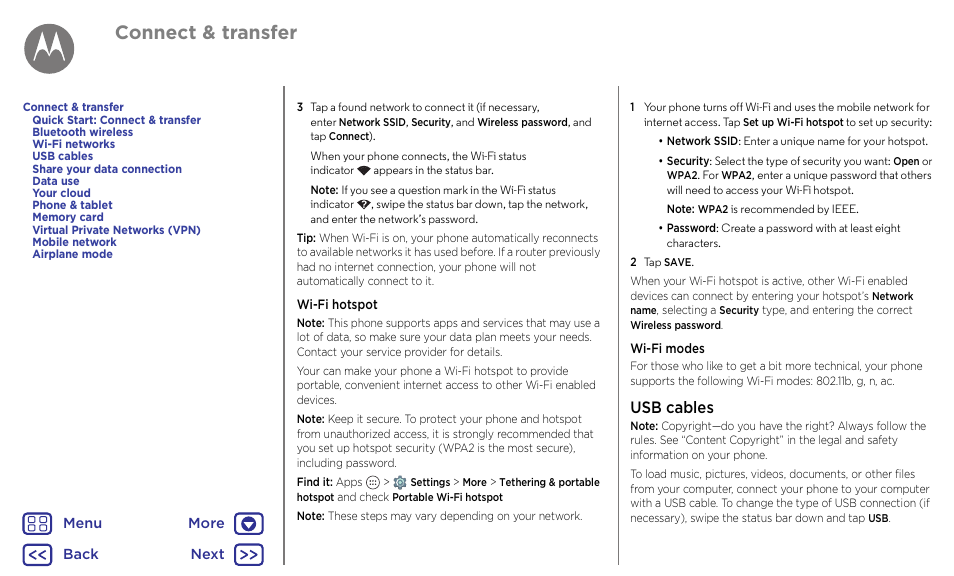 Wi-fi hotspot, Usb cables, Next | Connect & transfer | Motorola Moto G4 Plus User Manual | Page 46 / 54