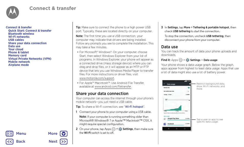 Data use, Share your data connection data use, Next | Connect & transfer, Share your data connection, Back next menu more | Motorola Moto G4 Plus User Manual | Page 47 / 54