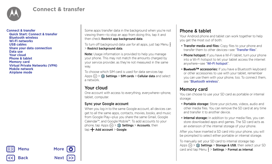 Your, Cloud, Your cloud phone & tablet memory card | Next, Connect & transfer, Your cloud, Phone & tablet | Motorola Moto G4 Plus User Manual | Page 48 / 54