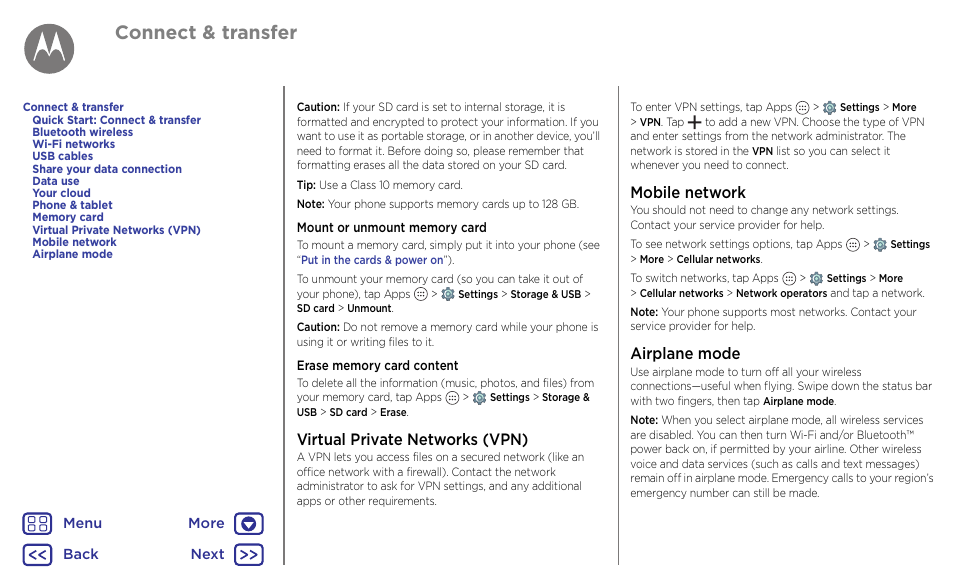 Virtual private networks (vpn), Next, Connect & transfer | Mobile network, Airplane mode | Motorola Moto G4 Plus User Manual | Page 49 / 54