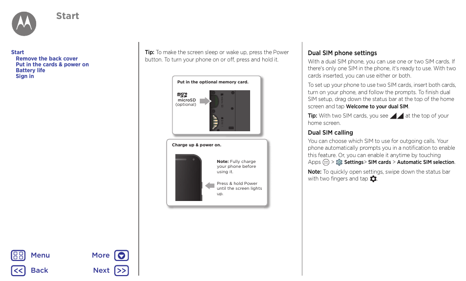 Next, Start, Back next menu more | Motorola Moto G4 Plus User Manual | Page 5 / 54