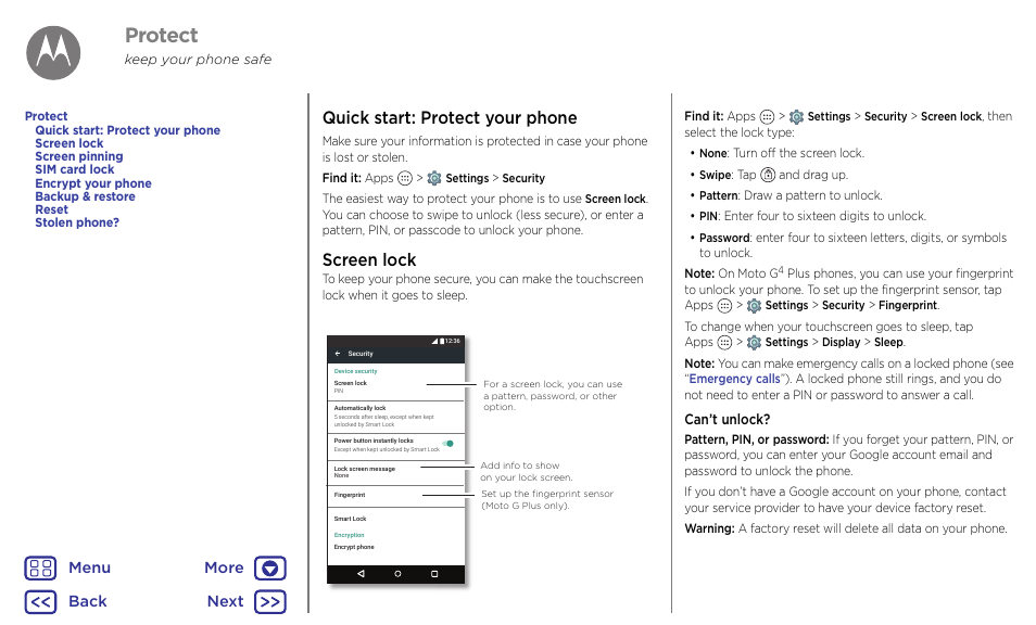 Protect, Screen lock, Next | Quick start: protect your phone, Back next menu more | Motorola Moto G4 Plus User Manual | Page 50 / 54