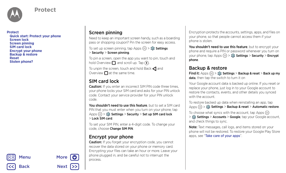 So see, Screen pinning, Next | Protect, Sim card lock, Encrypt your phone, Backup & restore | Motorola Moto G4 Plus User Manual | Page 51 / 54