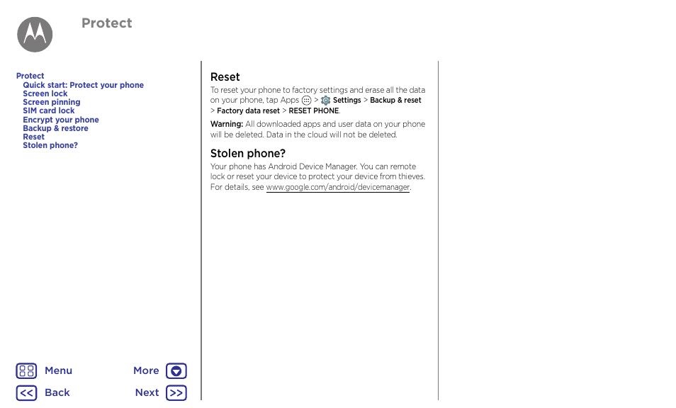 Reset stolen phone, Next, Protect | Reset, Stolen phone | Motorola Moto G4 Plus User Manual | Page 52 / 54