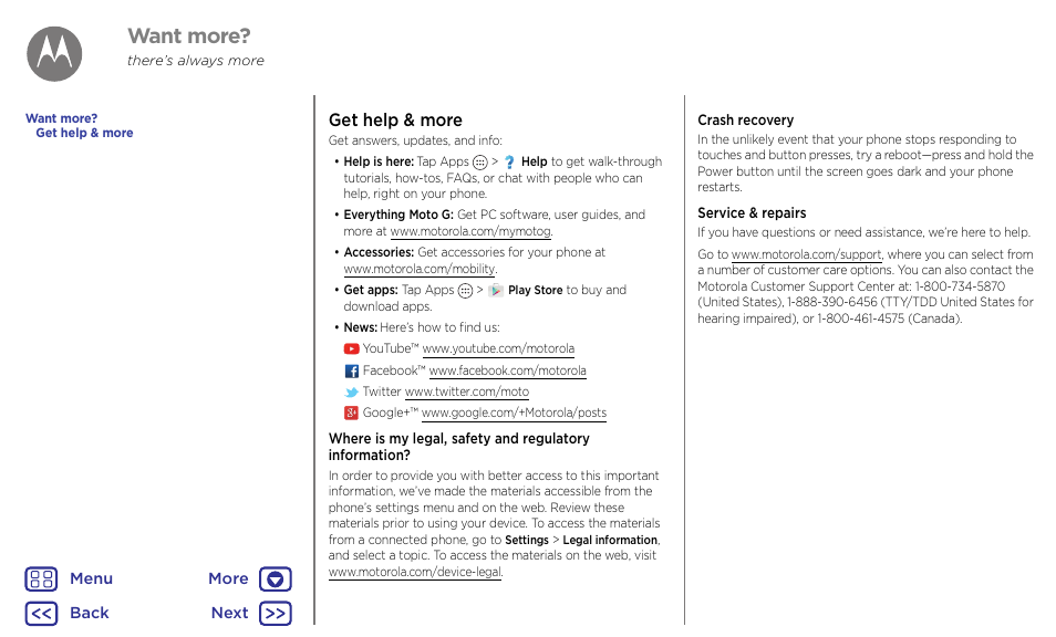 Want more, Troubleshoot, More | Get help & more, Next | Motorola Moto G4 Plus User Manual | Page 53 / 54