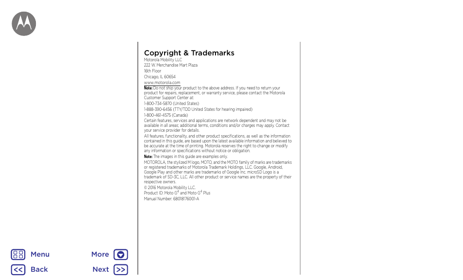 Next, Copyright & trademarks, Back next menu more | Motorola Moto G4 Plus User Manual | Page 54 / 54