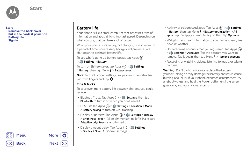 Battery life, Next, Start | Motorola Moto G4 Plus User Manual | Page 6 / 54