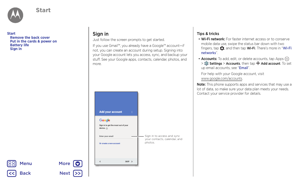 Sign in, Next, Start | Motorola Moto G4 Plus User Manual | Page 7 / 54