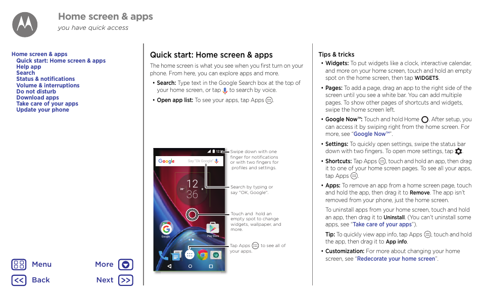 Home screen & apps, Next, Quick start: home screen & apps | Motorola Moto G4 Plus User Manual | Page 8 / 54