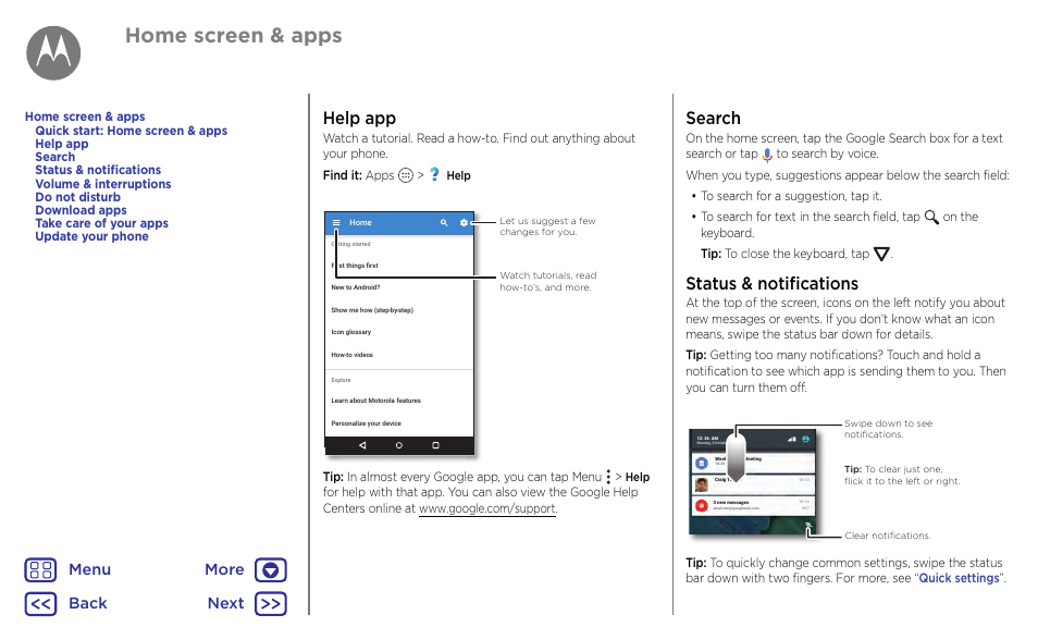 Help app, Next, Help app search status & notifications | Home screen & apps, Search, Status & notifications, Back next menu more | Motorola Moto G4 Plus User Manual | Page 9 / 54