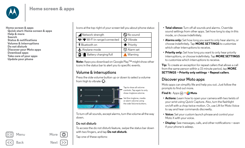 Next, Home screen & apps, Volume & interruptions | Discover your moto apps | Motorola Moto X Pure Edition User Manual | Page 10 / 57