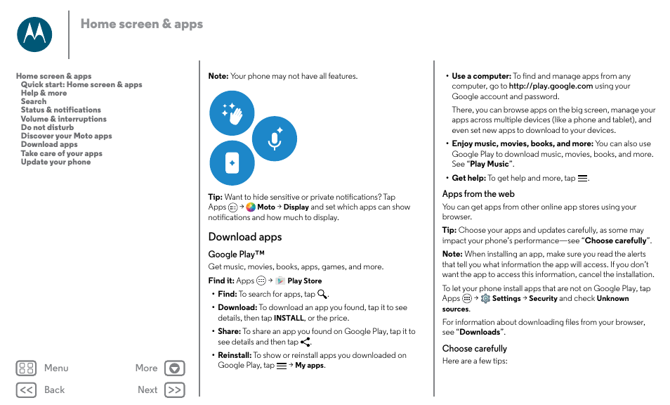 Download apps, Next, Home screen & apps | Motorola Moto X Pure Edition User Manual | Page 11 / 57